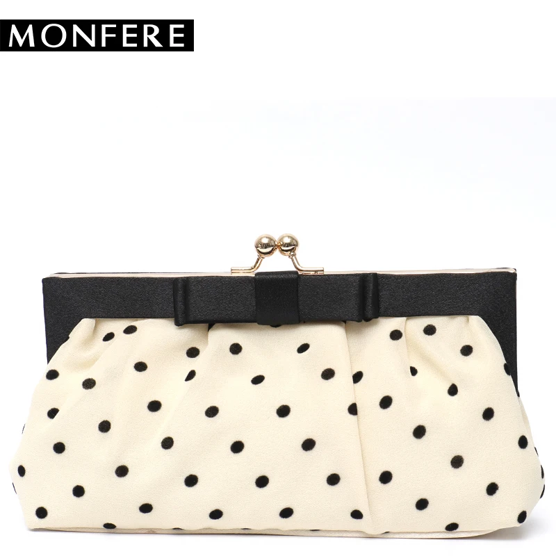 

MONFER Dot Bow Day Clutch Small Women Evening Bag 2018 Party Girls Elegant Wedding Bridal Chain Frame Handbag Vintage Silk Purse