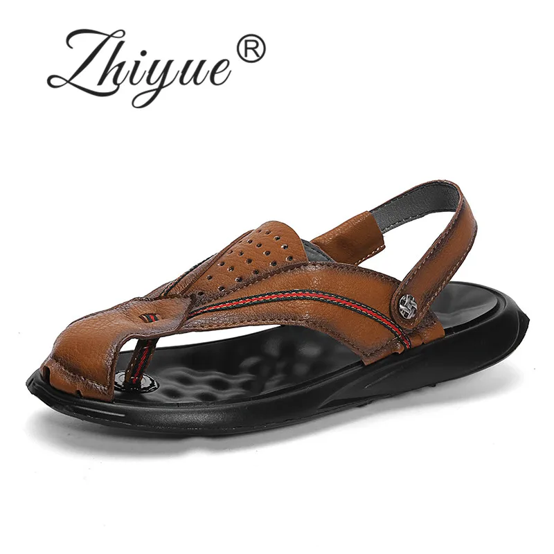

ZHI YUE Flip Flops Summer Mens Sandals Handmade Leather Beach Sandals Men Casual Shoes Outdoor Comfortable Men Slippers Khaki