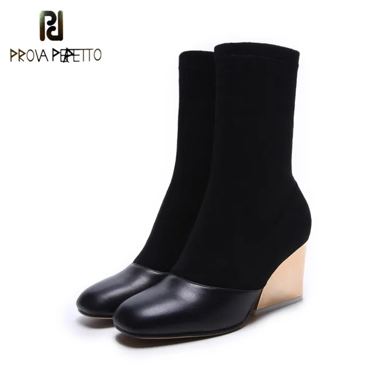 

Prova Perfetto New Style Black Woman Mid-boots High Heels Fashionable Thick Heel Suede Boots Retro with Side Zipper Mature Boots