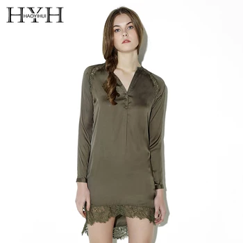 

HYH HAOYIHUI Sexy Lace Trim Shirt Women Army Green Patchwork V-neck Shift Vestidos Femme Long Sleeve Summer Mini Dresses