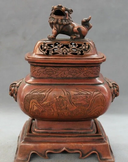 

bi003677 10" Chinese Red Bronze Buddhism Lion Head Statue Bless Incense Burner Censer