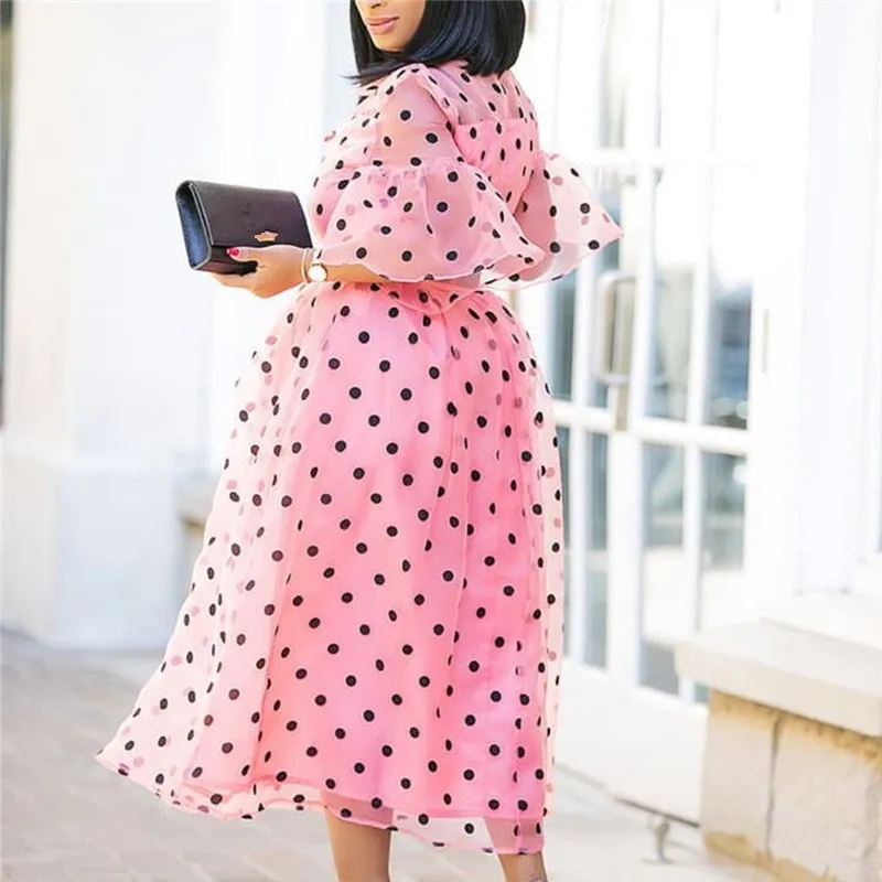 

Lapel Print Polka Dot Party Midi Dress Women's Sexy Ruffled Empire Bohemian Dress Turn-Down Collar Flare Sleeve A-Line Dresses