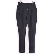 Новые модные черные женские шаровары, украшенные пуговицами, высокая талия, тяжеловесные женские брюки-карандаш, женские Капри