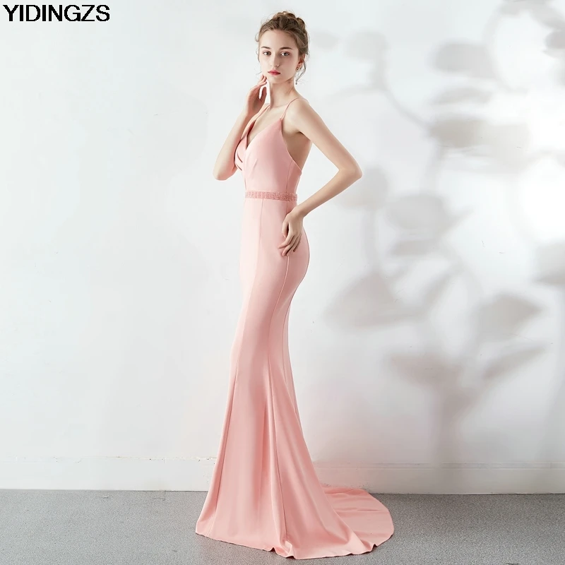 

YIDINGZS Women's Backless Strap Cross Slit Long Prom Dress Sexy Beads Prom Party Dress