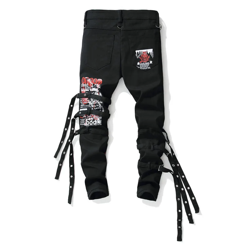 ABOORUN, модные джинсы с принтом черепа, мужские джинсы в стиле панк, обтягивающие джинсы с лентами, мужские джинсы в стиле хип-хоп, уличная одежда, x1574