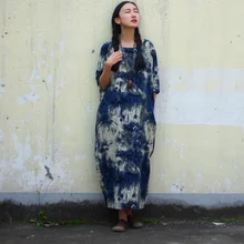 Johnature винтажное платье из хлопка и льна с коротким рукавом размера плюс, новинка, весеннее женское платье синего и белого цветов