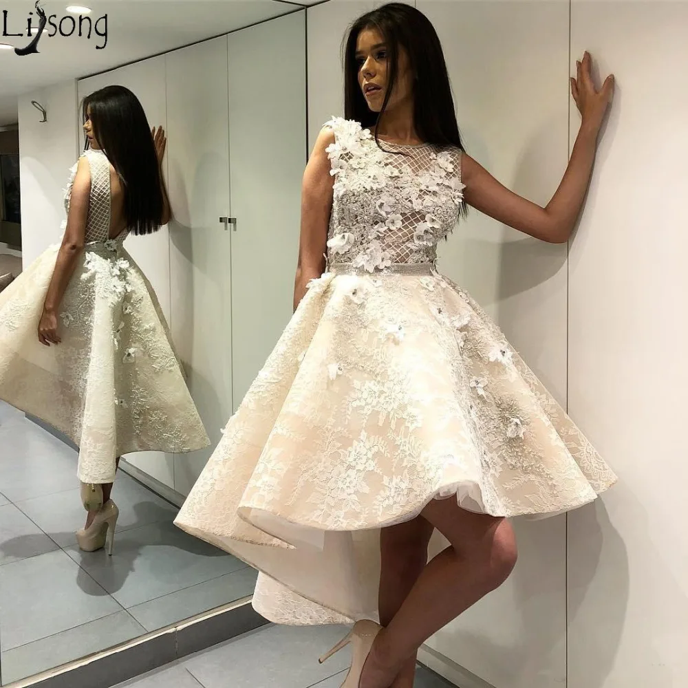 Fashionable High Low Prom Dresses Lace Skirt with 3D Floral Appliques Backless Sexy Cocktail Evening Gowns Sleeveless Crew Party Dress159