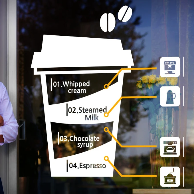 Coffee Shop Vinyl Decal Creative Coffee Cup Bean Machine Mural Art Wall Sticker Cafe Bar Window Glass Home Decoration