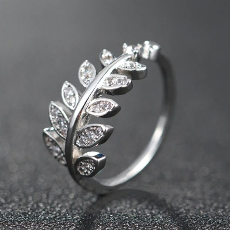 

Fimme Clear White Stone with White Gold-Color Micro Pave Setting Leaves Rings For Women Angel Wings Wedding Bands Girl Gift