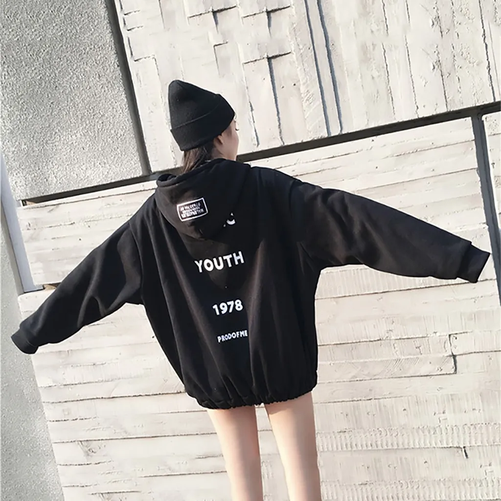 

2019 New style Four Season Women Casual Hoodie Long Loose Large Size Zipper Thickening Plus Velvet Sweatshirt L0724