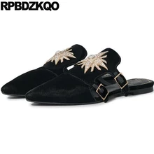Сандалии горный хрусталь мулы Остроконечные кристалл последний женщин Дамы красивые плоские туфли металл домашние тапочки Китай слайды Китайский черный бархат весенняя осень отправка капель Мода красивая последние