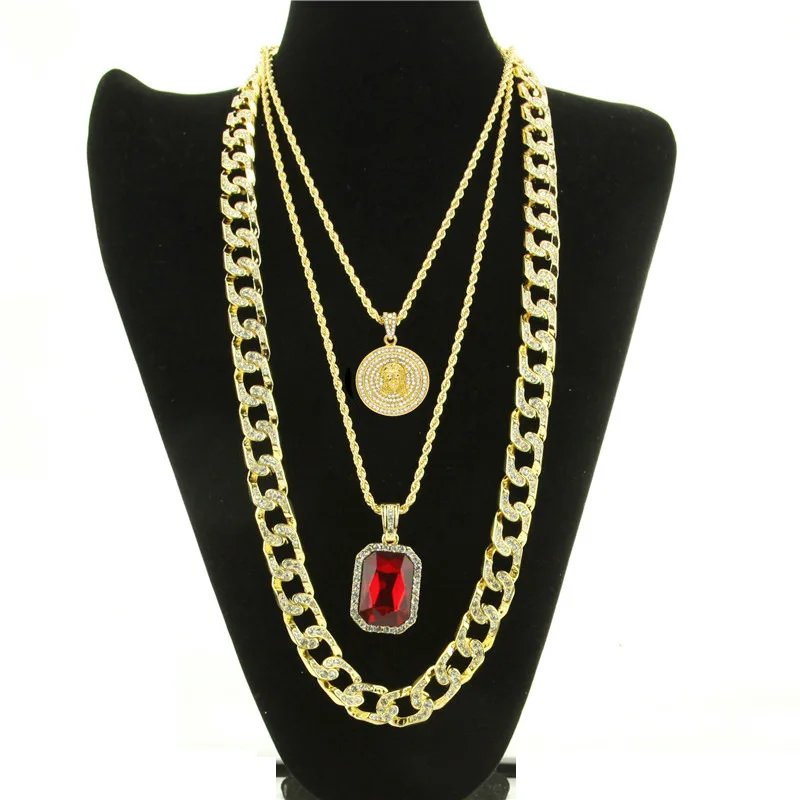 

3pcs/set Men's Iced Out Hip Hop Jewelry Rhinestones Square Pendant Cuban Chain Necklace Lab Simulated Mini Jesus Piece