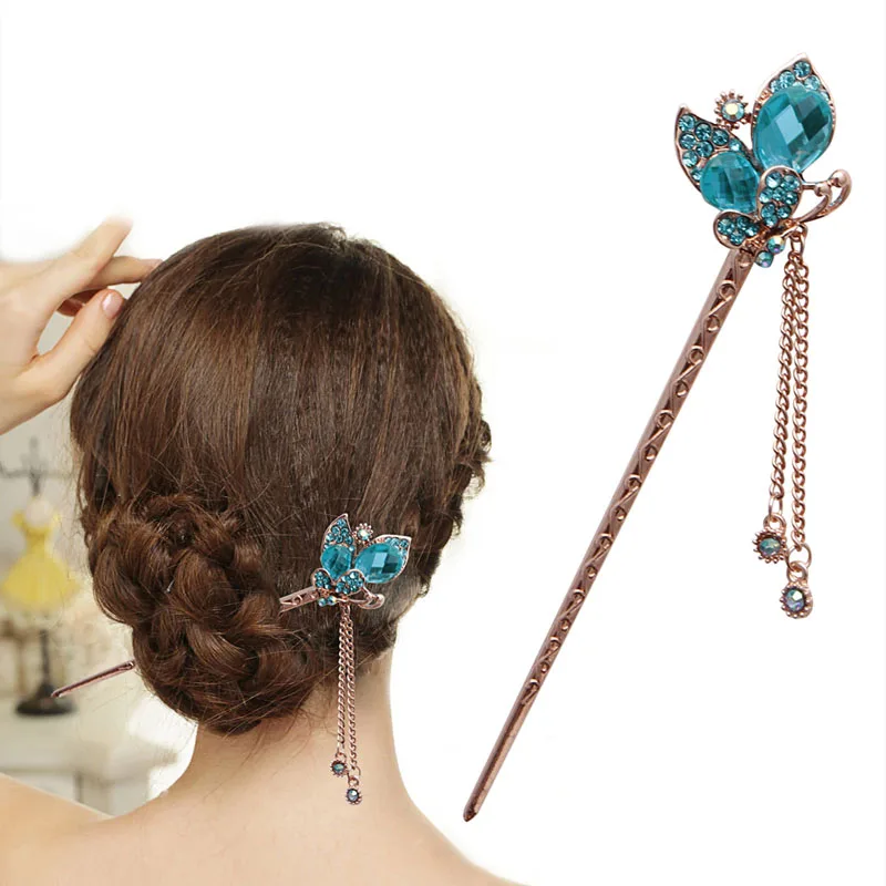 

Fashion Women Elegant Charm Blue Crystal Bobby Pin Fashion Hairpin Rhinestone Hair Stick Gift #11
