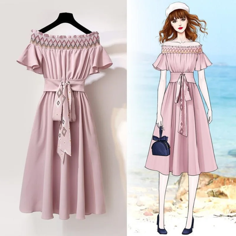 

2019 Sexy Off Shoulder Summer Dress Woman Vintage Chiffon Midi Dress Elegant Party Dress Elastic Waist Female Vacation Vestidos