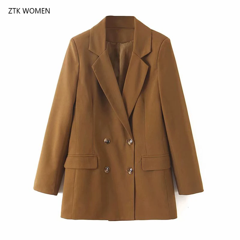 

ZTK women 2019 new autumn long sleeve jacket notched double breasted pocket Classic Camel blazer femme casual OL chic coat