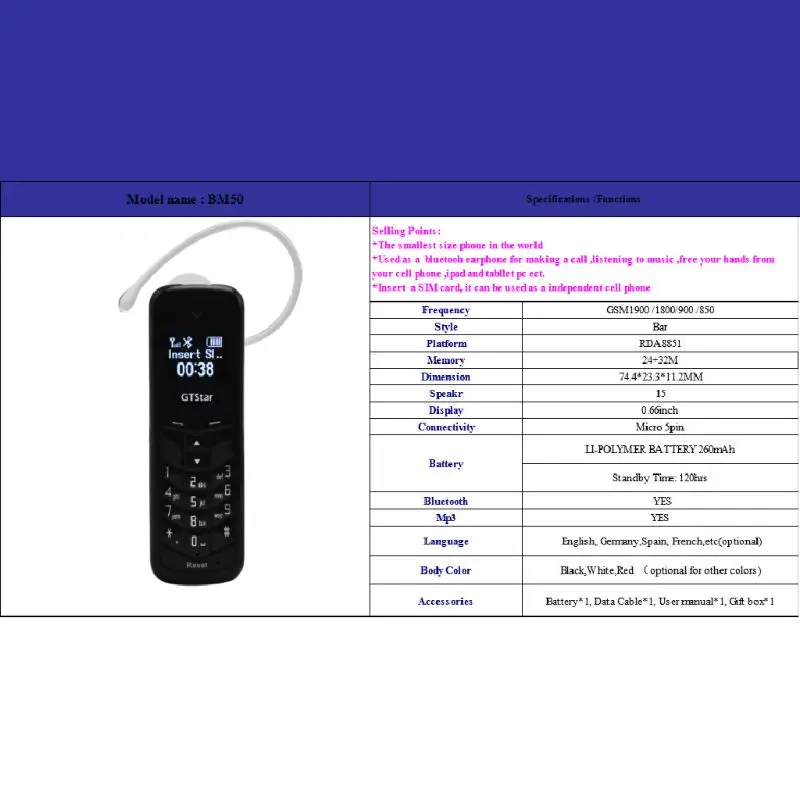 Пластиковый мини самый маленький мобильный телефон BM50 мини BLUETOOTH гарнитура ключ 99.9% пластик