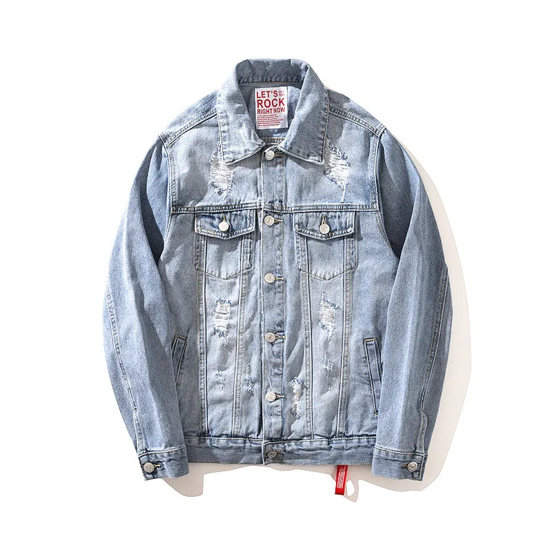 

MORUANCLE Fashion Mens Hi Street Ripped Denim Jacket Washed Oversize Distressed Jeans Jackets Outerwear With Holes Light Blue