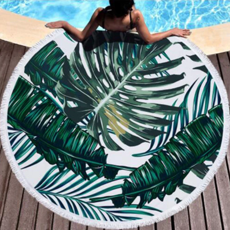 

Summer Leaf Round Beach Towel With Tassels Beach Covers Bath Towels Picnic Yoga Mat Travel Boho Toalla De Playa 150x150cm