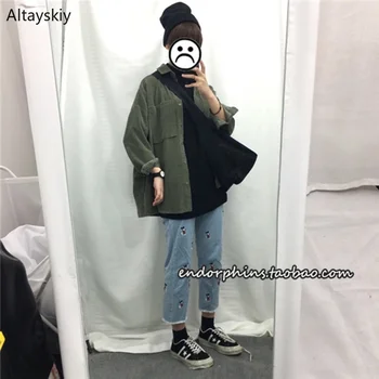 

Jackets Women Turn-down Collar Solid Simple All-match Korean Style Leisure Pockets BF Jacket Womens Corduroy Soft Coats Chic