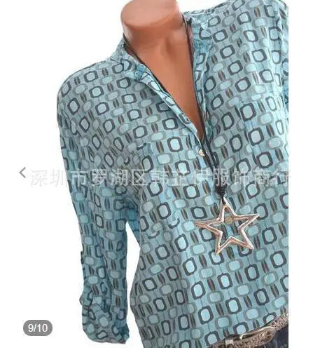 Женская блузка Летняя женская блузка с v-образным вырезом и длинным рукавом Свободная рубашка большого размера блузки с квадратным принтом S-5XL