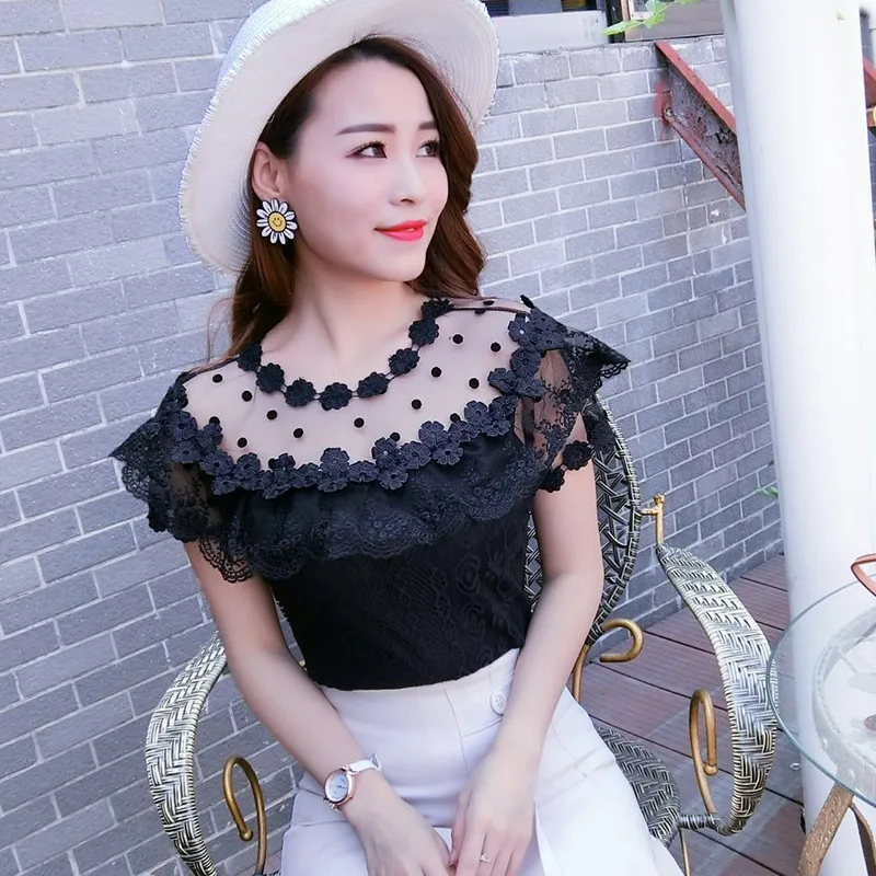 2018 New Women Summer Blouse Sweet Dot Floral Lace Shirt Female Slim Short Sleeve Ruffles Mesh Blouses Blusas Short Tops AB835 3
