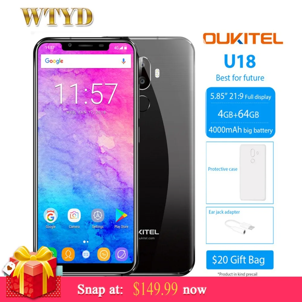 Oukitel U18 4 Гб Оперативная память 64 Гб 5,85 Дисплей смартфон Встроенная память Android7.0 MTK6750T Octa Core 13MP+ 16MP Камера 4000 мАч телефон с распознаванием отпечатка пальца