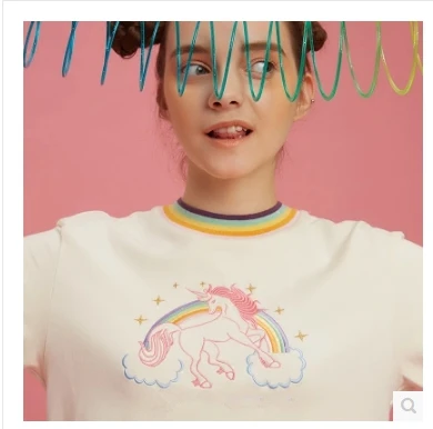 

2018 Unique Design Embroidery Rainbow Loose New Short Sleeve Women T-shirt