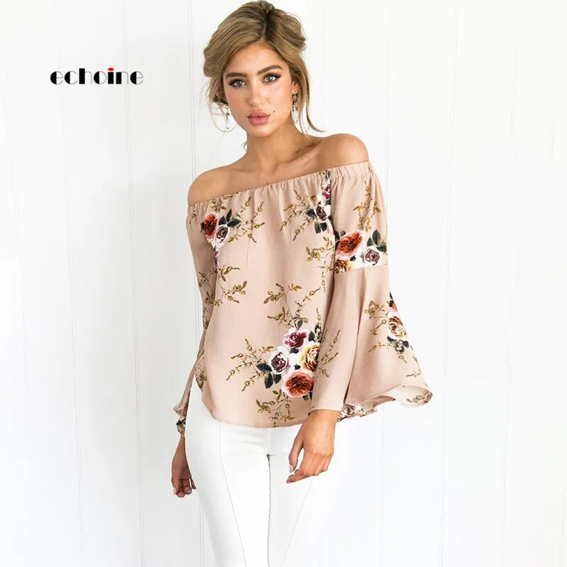 

Echoine Women T Shirt Sexy Floral Print Flare Sleeve Elastic Slash Neck Elegant Chiffon Tops Loose Sweatshirt Female Outwear