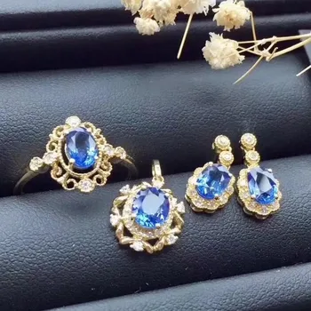 

Fidelity Natural 4*6mm sapphire s925 sterling silver elegant lace fine jewelry sets for women party natural blue gemstone