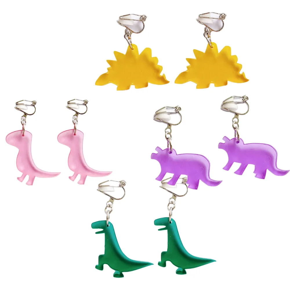 4 pairs/ pack Colorful Acrylic cute dinosaur animal clip earrings for