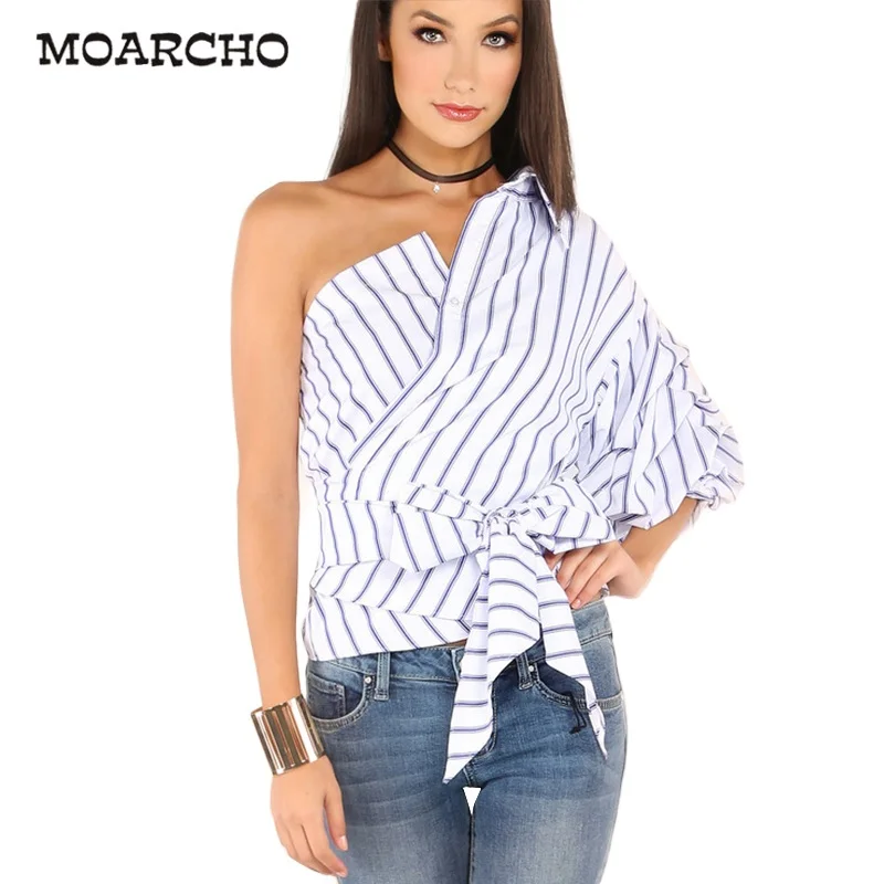 HDY-Haoduoyi-Striped-Women-Blouses-One-Shoulder-V-neck-Half-Puff-Sleeve-Casual-Shirts-Women-Bow