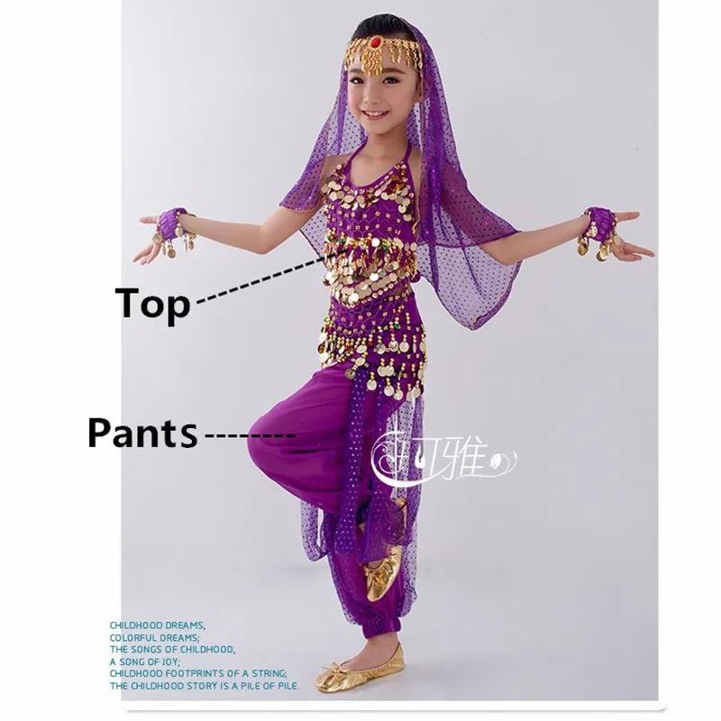 Детский костюм для танца живота, карнавал, Египетский костюм с поясом, детская одежда для индийского танца, одежда для девочек, комплект одежды для танца живота для выступлений в Болливуде - Цвет: Purple 2PCS