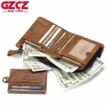 

GZCZ Top Genuine Leather Men Wallets Removable Card & ID Holders with Key Chain Short Bifold Male Organizer Walets Coin Bags