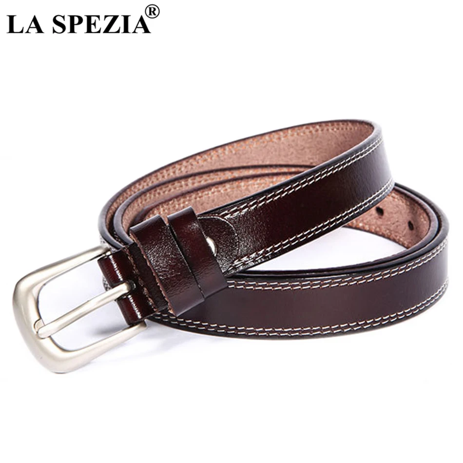

LA SPEZIA Vintage Leather Belt Women Coffee Pin Buckle Belts Female Classic Genuine Leather Cowhide Ladies Double Loop Belts