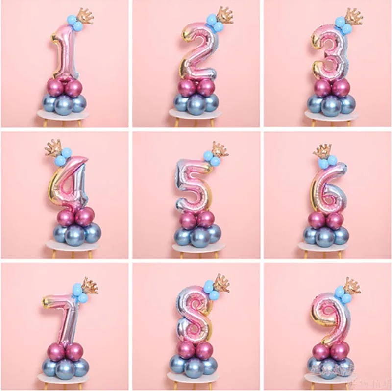 

15pcs/lot Iridescent Rainbow Number Balloon Blue Pink Latex balloon Happy Birthday Party Decoration Kids Boy Girl Party Ballon