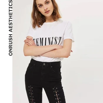

OA Women's High Waisted Slim Fit Denim Pants New Look Curve Lace Up Front Skinny Jeans