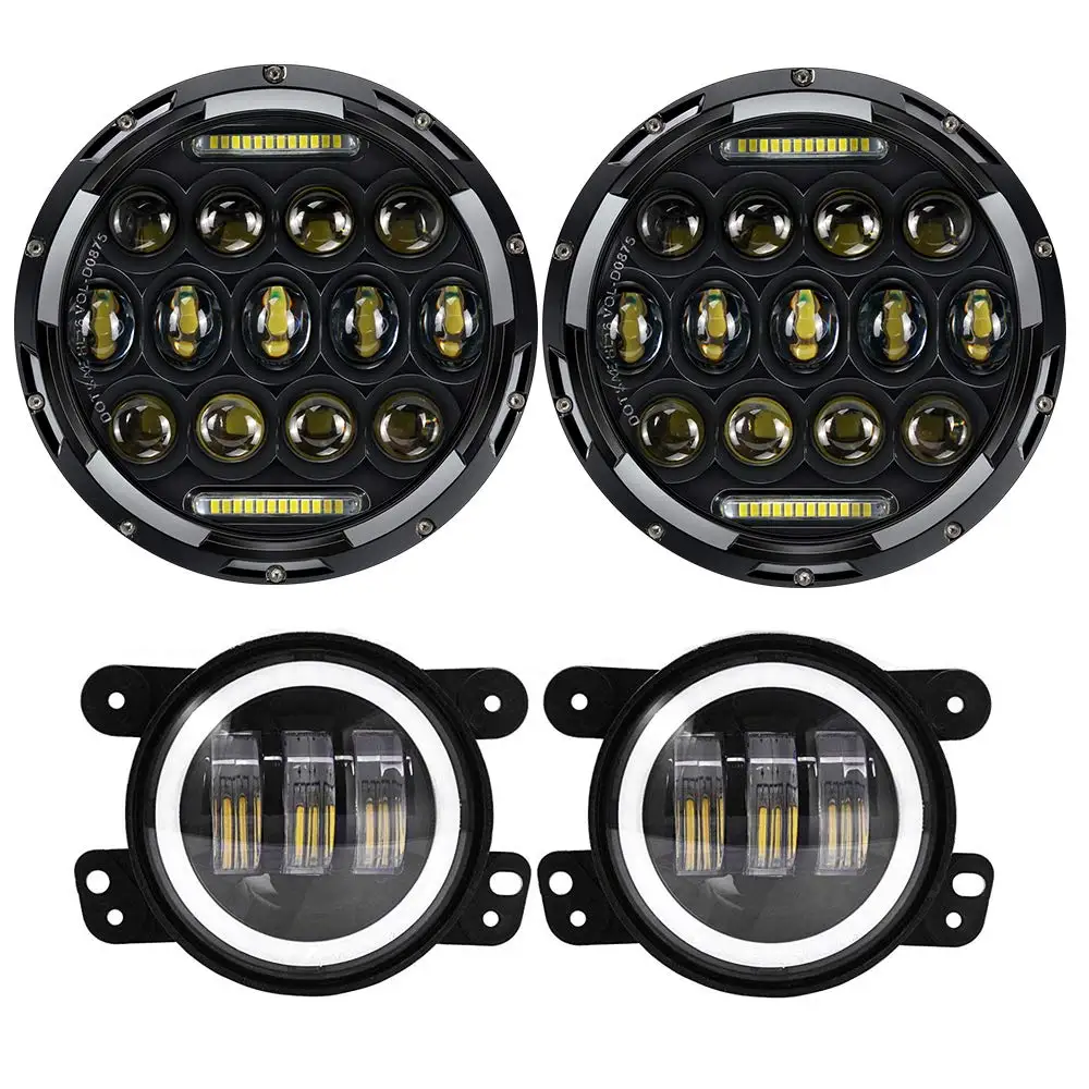 

4pcs DOT Approved 7" Black LED Headlights 75W 7500LM+ 4" LED Fog Lights for Jeep Wrangler 97-2017 JK TJ LJ Waterproof