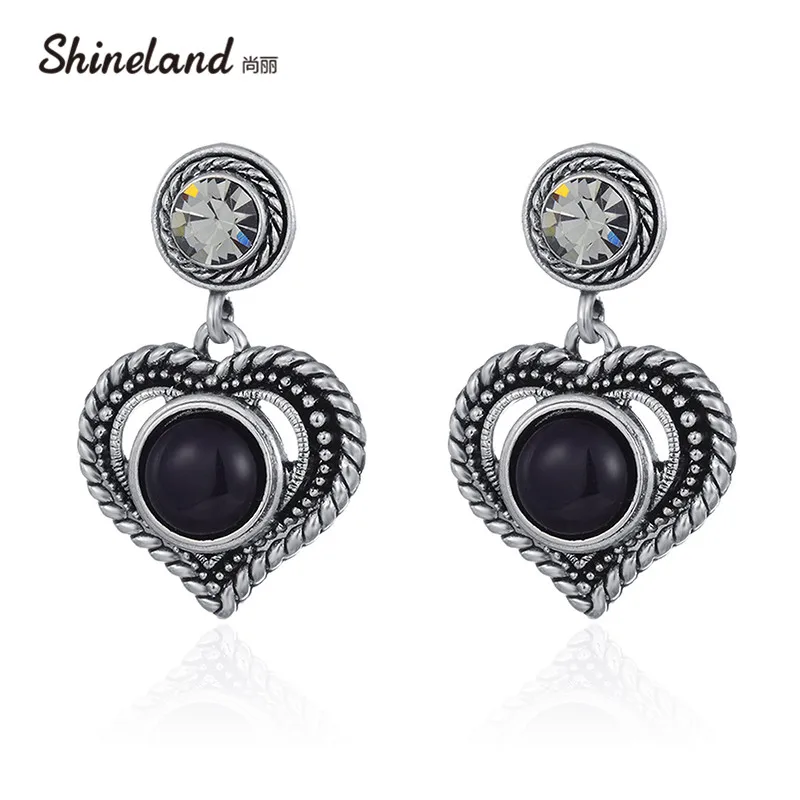 

Shineland Vintage Ethnic Love Heart Black Blue Pink Resin Stone Drop Earrings For Women Pendientes Mujer Bijoux Fashion Jewelry