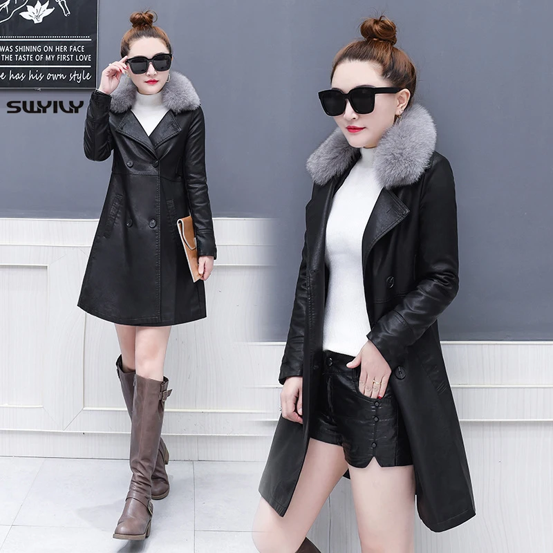 

SWYIVY Woman Leather Jacket Coats PU Faux Fox Fur Collar 2018 Winter New Female Thick Warm Coat Long Woman Leather Jackets XXXL