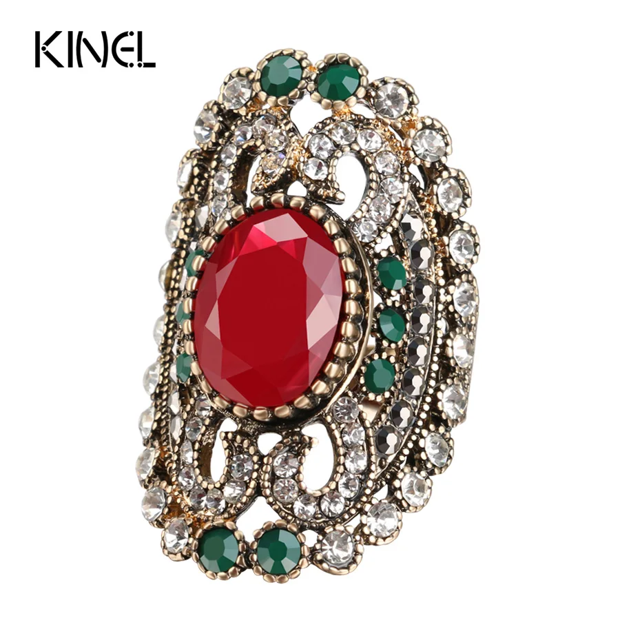 Кинели, Новая мода Винтаж обручальное кольцо Цвет древнее золото Красный Кристалл Смола Кольца для Для женщин Индии украшения