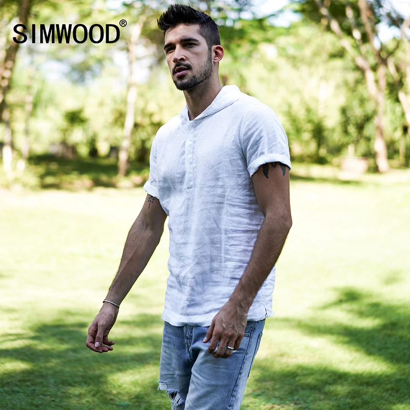 Meilleur Simwood 2019 Nouveau Été à manches Courtes Chemises Hommes 100% Lin Blanc Slim Fit Plus Taille Haute Qualité Tops À Capuche chemise 180034