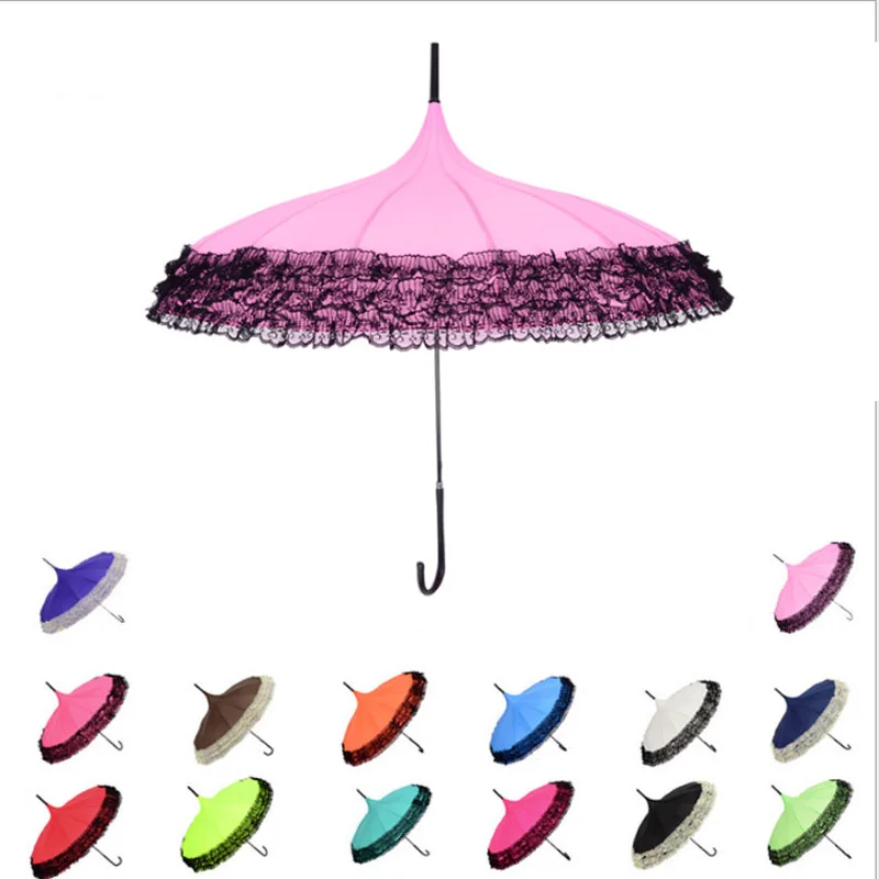 

Princess Lace Pagoda Rain Umbrellas For Straight Bar Semi Automatic Long Handle Fashion Umbrella Windproof Sunny Rainy Umbrella