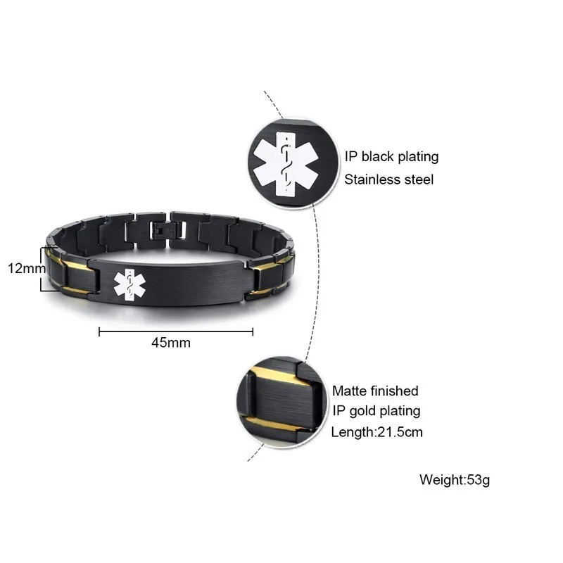 Medical Alert ID Bracelets For Men Customize Disease Name ICE Emergency Reminder