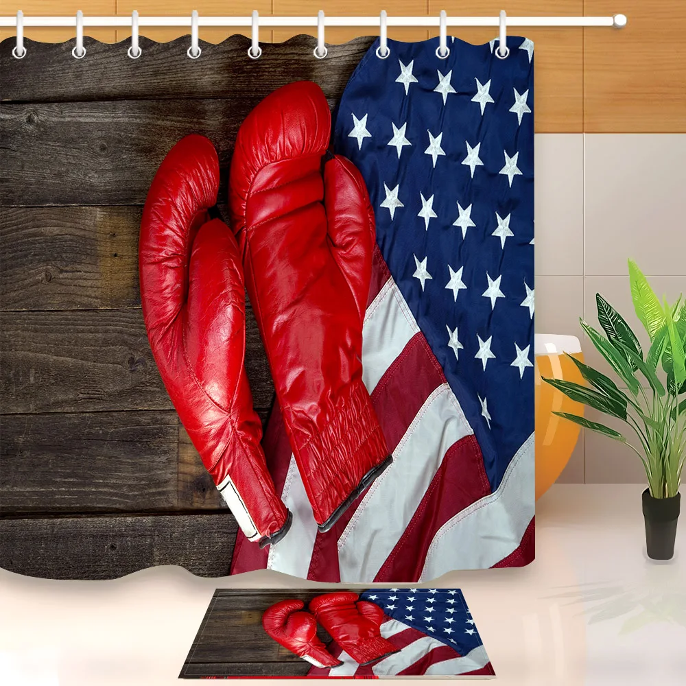

LB Boxing Gloves And American Flag on a Wooden Board Shower Curtain with Mat Set Bathroom Waterproof Fabric For Bathtub Decor