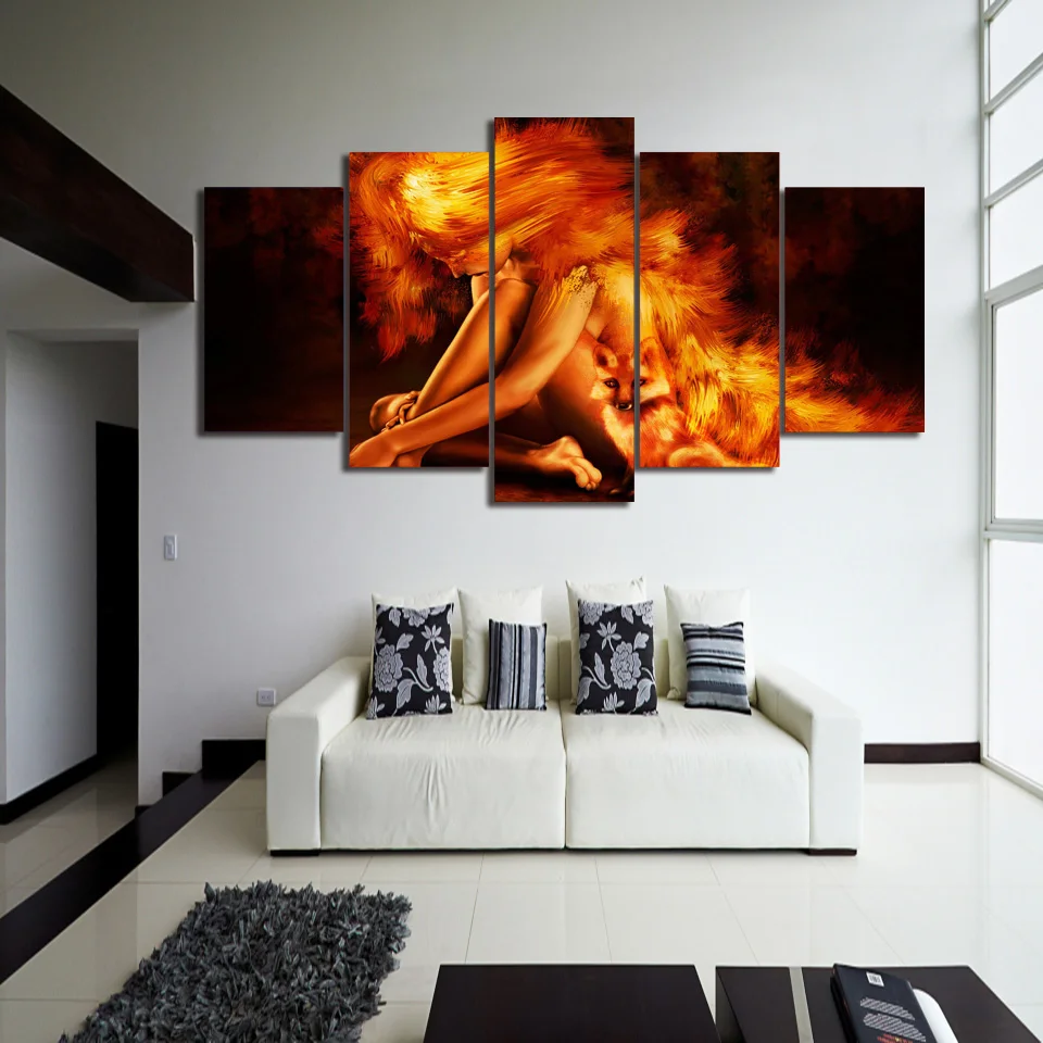 

HD Printed painted girl fire fox Painting 5 piece canvas art room decoration print poster picture canvas Free shipping/ny-1471