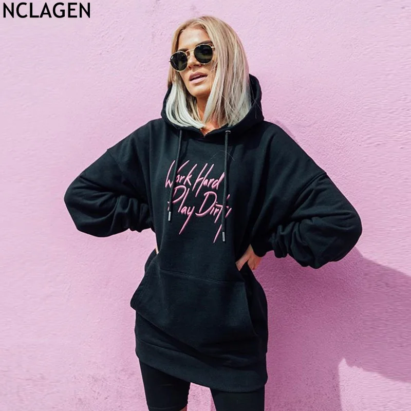 NCLAGEN Letter Print Women Casual Loose Black Hooded