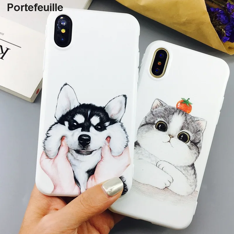 Portefeuille For iPhone X Case Cute Husky Cat Cartoon Patterned Slim Thin Silicone Case Cover For iPhone 10 8 Plus 7 6 6S Coque (1)