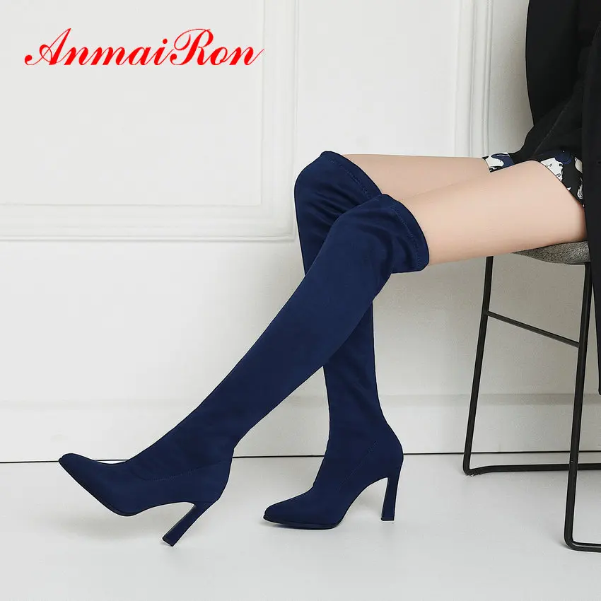 

ANMAIRON 2019 Women Shoes Faux Suede Stretch Pointed Toe Over The Knee High Thin Heels Slip-on Flcok Women Boots Size 34-43