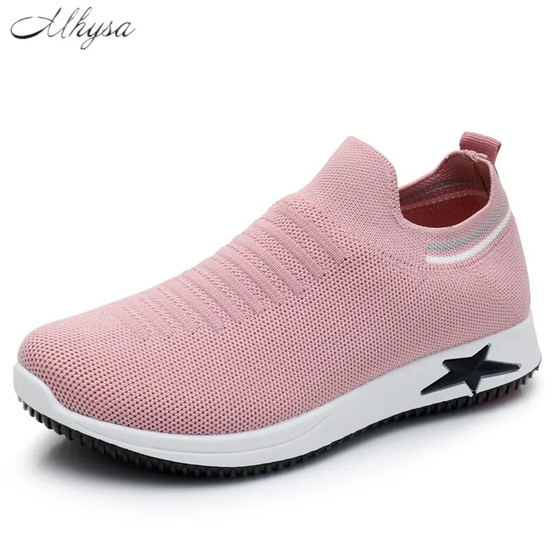 

Mhysa 2019 Women Sneakers Female Knitted Vulcanized Shoes Casual Slip On Ladies Flat Shoe Mesh Trainers Soft Walking Shoes T384