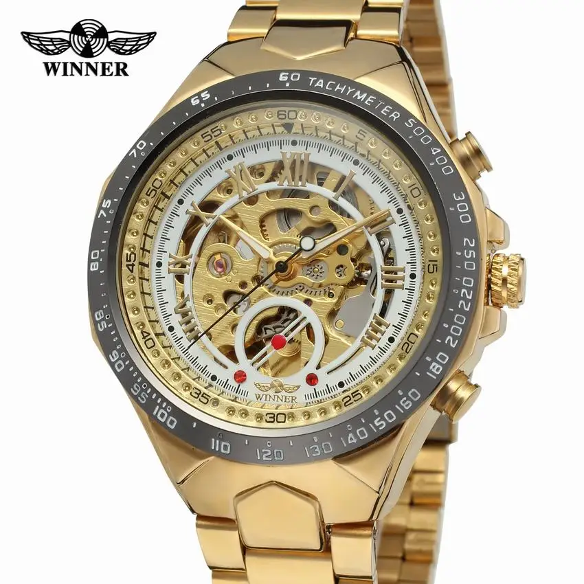 

2018 Gold WINNER Men Watch Cool Mechanical Automatic Wristwatch Stainless Steel Band Male Clock Skeleton Roman Dia